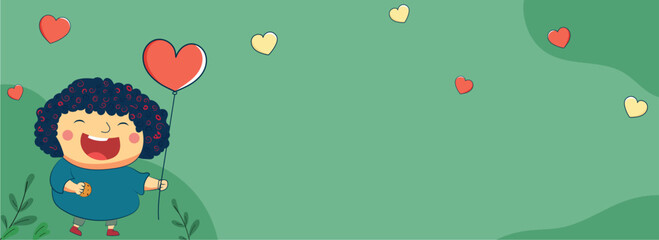 Cheerful Girl Standing With Heart Shape Balloons On Pastel Green Clouds Background And Copy Space.