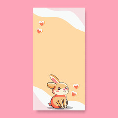 Love Concept With Cute Bunny Or Rabbit Sitting Pose With Fly Hearts On Beige Fluid Background And Copy Space. Love Or Valentine's Day Concept.