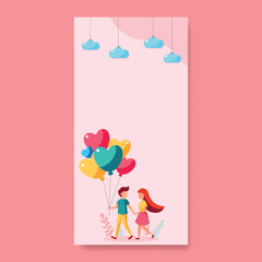 Walking Boy Holding Heart Balloons With Partner Hand And Hanging Clouds On Leaves Background. Happy Valentine's Day Concept.
