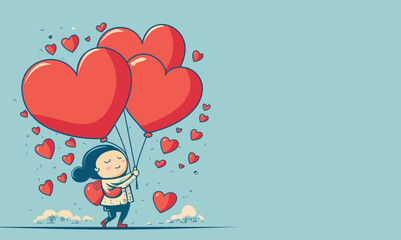 Cute Little Girl Character Holding Hearts Balloons With Trees On Paste Blue Background And Copy Space. Love or Valentine's Day Concept.