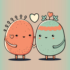 Cute Mascot Potato Couple Character With Hearts On Pastel Green And Red Background. Love Or Valentine's Day Concept.