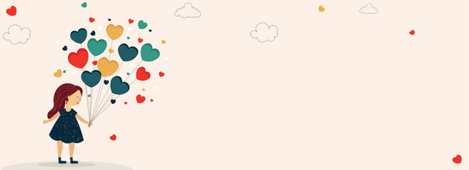 Cute Little Girl Holding Colorful Heart Shape Balloons With Clouds And Copy Space. Love Or Valentine's Day Concept.
