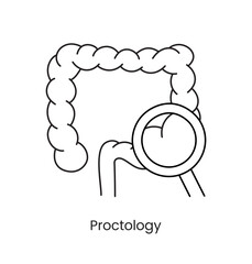 Proctology icon line in vector, illustration of bowel with magnifying glass.