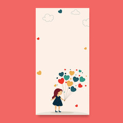 Cute Little Girl Holding Colorful Heart Shape Balloons With Clouds And Copy Space. Love Or Valentine's Day Concept.