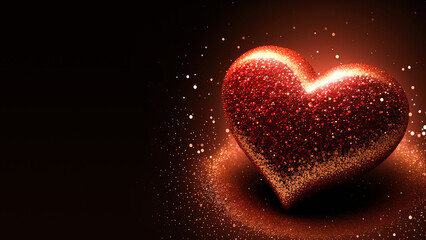 Shiny Red Glittery Heart Shape On Sparkle Light Background. 3D Render.