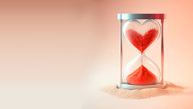 Realistic Red Heart Shape Sand Glass For Love Time. 3D Render.