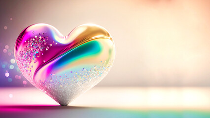 3D Render Of Shiny Colorful Glittery Heart Shape On Rainbow Background.