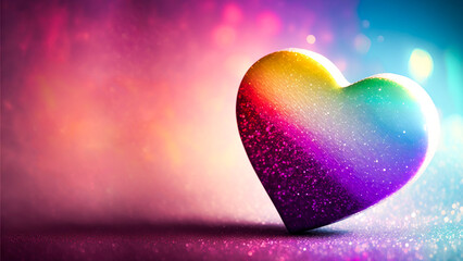 3D Render Of Shiny Colorful Glittery Heart Shape On Rainbow Bokeh Background.