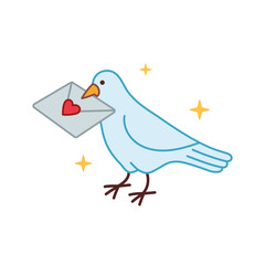 Carrier pigeon with a letter in its beak. Love Letter envelope sent by dove mail for messages of love. Valentines day icon. Vector illustration in doodle.