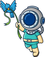 The diver holding ribbon and flying with a bird