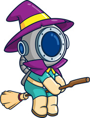 A diver wearing witch costume and riding magic broom