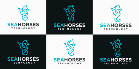 technology sea horse logo design, unique sea animal design, sea horse with technology concept