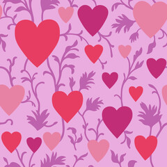 Obraz na płótnie Canvas Vector pattern with hearts. Pattern for Valentine's Day. A pattern in the form of hearts with purple branches on a pink background.