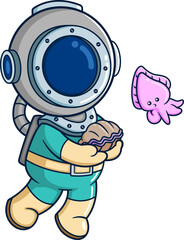 The diver playing with sea shell and cuttlefish