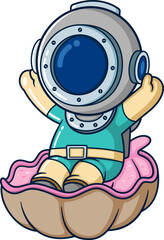 Funny diver sitting on a big shell