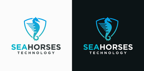 technology sea horse logo design, unique sea animal design, sea horse with technology concept © mhekar