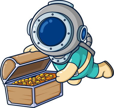 The diver finding treasure chest filled with gold coins