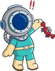 The diver jokes and plays with a cute crab