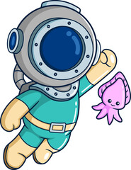 The funny diver competes and happily plays with a cuttlefish