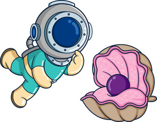 The diver finds a large pearl inside a large clam