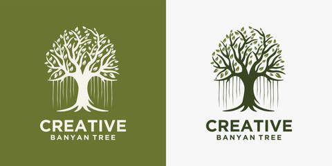 set The tree logo is a lush tree symbol of life, beauty, growth, gardening or eco green business.
