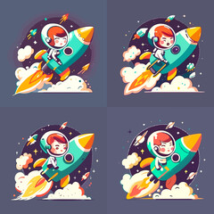 4 variants of vector illustration of female astronaut with rocket