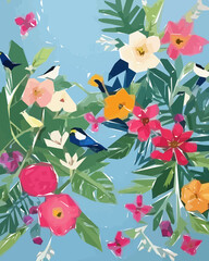 Colorful flowers, plants and leaves. Vector illustrations of flower and bird for classic floral background, wedding invitations and frame