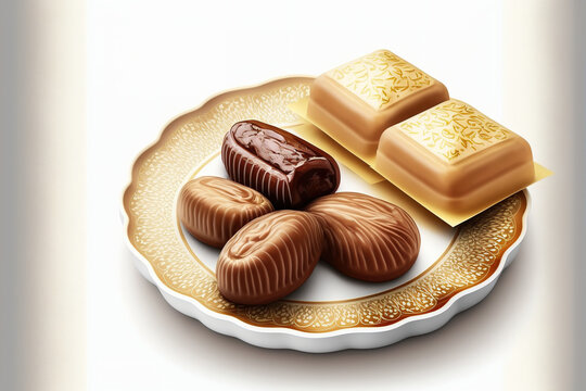 Arabic dates and oriental biscuits ramadan and Eid al Fitr sweets, isolated on a white backdrop. Generative AI
