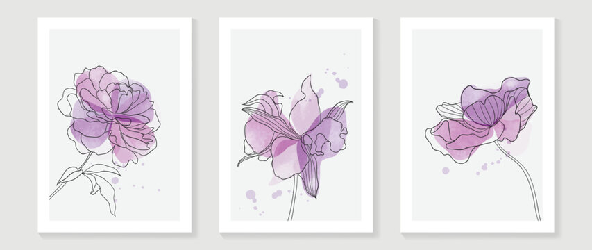 Abstract floral and botanical watercolor wall art vector set. Botanical flower line art with vibrant color painted background. Minimal nature design for home decor, interior, poster, cover, banner. 