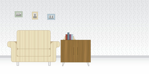 Room with flat interior and furniture illustration and white space