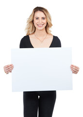 Naklejka premium Happy woman, poster and mockup sign portrait with space for advertising sale, promotion and deal. Model billboard, paper or banner for brand or logo discount isolated on a white background in studio