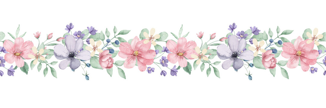 Repeating floral border with pink watercolor flowers.