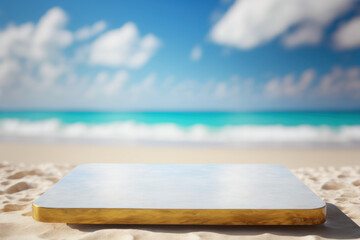 Fototapeta na wymiar Copy space of luxury mable tabletop on blur tropical beach with blue sky and white clouds abstract background. Product presentation and travel vacation concept. Generative AI