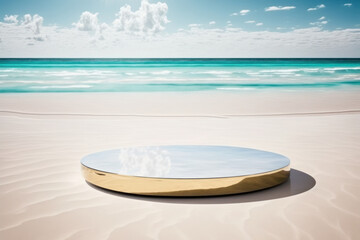 Fototapeta na wymiar Copy space of luxury mable tabletop on blur tropical beach with blue sky and white clouds abstract background. Product presentation and travel vacation concept. Generative AI