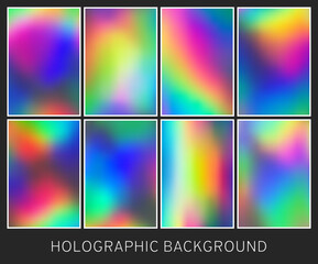 High saturate hologram background, rainbow holographic gradient mesh, set of 8, 4x6 scale ratio for social media, card, banner, flyer, brochure, book cover.