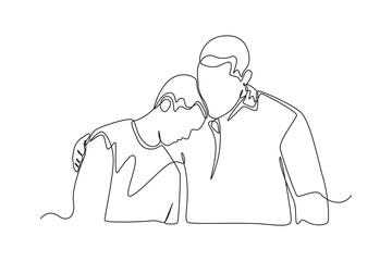 Continuous one line drawing father holds young son to his chest. Rising teens concept. Single line draw design vector graphic illustration.