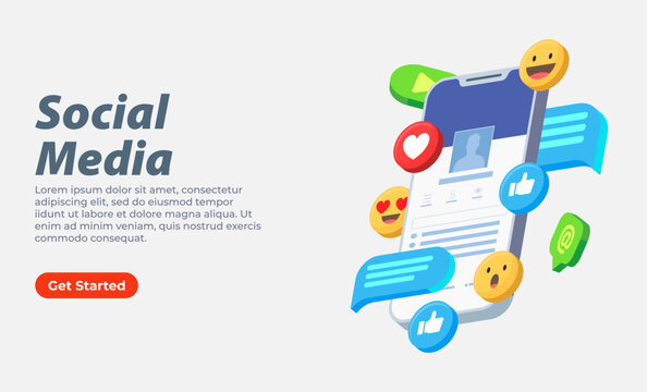 Social media user profile interface 3d isometric with 3d emojis vector illustration