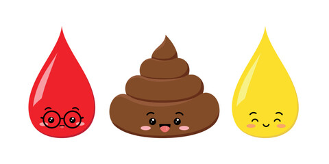 Poop urine and blood baby emoji cute smiling testing character cartoon emoticon. Kawaii funny heap of shit yellow pee drop, red blood with face. Flat vector clip art illustration.