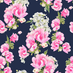 Watercolor seamless pattern - vintage pink and white flowers on a dark background. Bouquets.