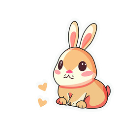 Sticker Style Cute Rabbit Or Bunny Sitting With Flying Hearts. Love Or Valentine's Day Concept.