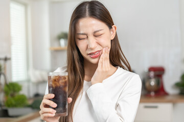 Health asian young woman touching her mouth, expression, suffering from toothache, decay or...