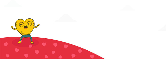 Cheerful Yellow Heart Mascot On Hearts Landscape Background And Copy Space.