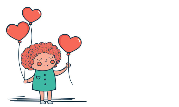 Doddle Style Cute Little Girl Holding Hearts Balloons.