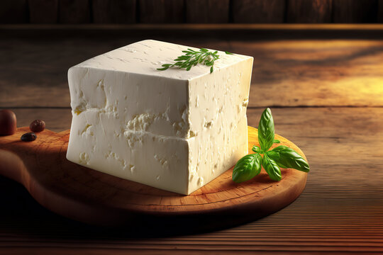 Block of feta cheese with a wooden background. Generative AI