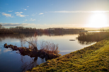 morning on a dam neary the danube river in lower austria