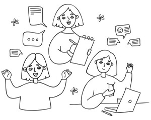 Collection cute business women with laptop, papers and online text messages. Vector isolate linear hand drawn doodles. outline.