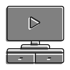 Linear filled with gray color icon. Flat Screen Tv On Home Theater Table. Watching Movie At Home On Larger Screen. Simple black and white vector Isolated On white background