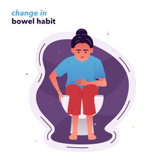 Vector illustration of a girl who sits on the toilet, holding her stomach with her hand. Problems with bowel function. Symptoms of poisoning, infection, irritable bowel syndrome, and celiac disease.