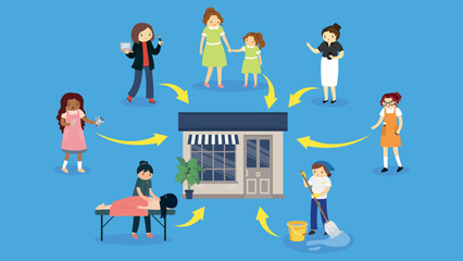 Beauty salon and employees with visitors