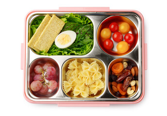 Healthy food delivery in take away box on white background